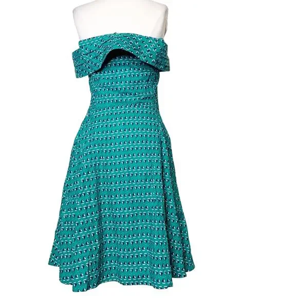 Emily and Fin Teal and Navy Sailboat Off-Shoulder Dress - Picture 2 of 6